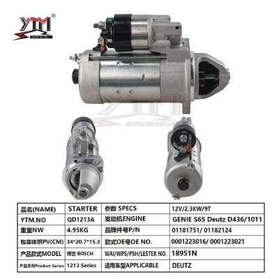 YTM QD1213A 12V 2.3KW 9T Стартерный мотор для Deutz D436 1011 Двигатель Genie S65 0001223016 0001223021 Deutz 01181751 01182124 Заменный стартер