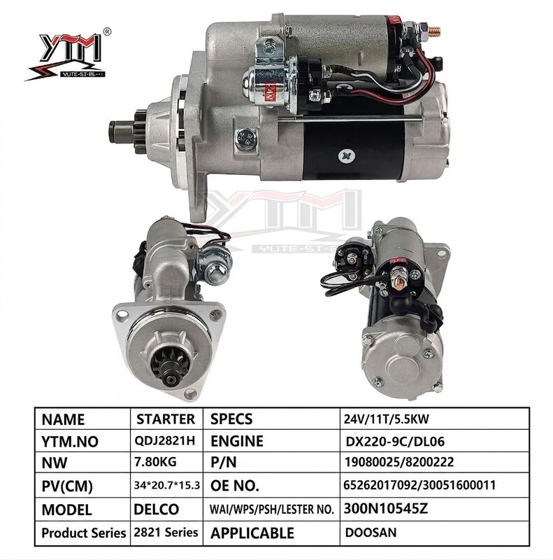 Excavator Starter 24V 5.5KW 11T Fit Doosan DX220‑9C DL06 Engine Delco Type OE 19080025 8200222 Heavy‑Duty Starting Motor